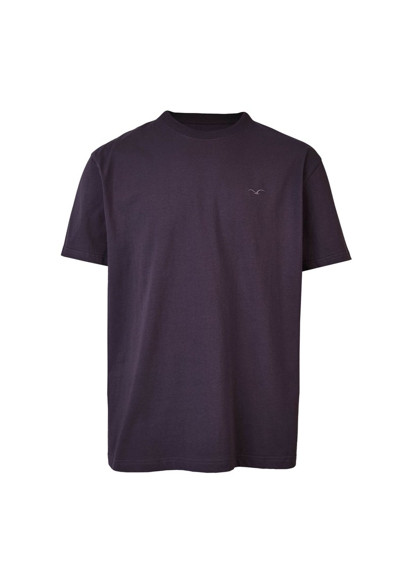 Dark purple cotton t-shirt with short sleeves and a crew neckline. Features a small, subtle logo on the left chest area.