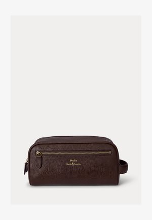 Kosmetyczka Polo Ralph Lauren z ciemnobrązowej, teksturowanej skóry, z złotym zamkiem błyskawicznym i logo, prostokątnego kształtu, z bocznym uchwytem do przenoszenia.