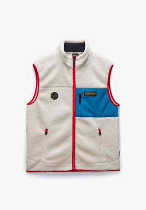 Biały polarowy kamizelka z czerwonym wykończeniem, wysoki kołnierz, zapinana na zamek. Zawiera niebieską kieszeń na piersi oraz naszywki z logo po lewej stronie.