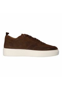 Brown suede low-top sneakers with a white rubber sole, featuring round toe, lace-up closure, and a small heel tab at the back.