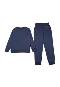 Tuta in cotone blu navy composto da una maglietta a maniche lunghe con polsini a costine e pantaloni abbinati con vita elasticizzata e tasche laterali.