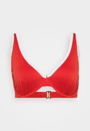 Rød ribbet bikini topp med dyp V-hals, hvite detaljer, justerbar ryggstropp og gullbeslag ved clasp.