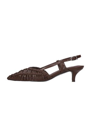 Brown leather woven pointed-toe slingback kitten heel shoe with adjustable buckle strap and low curved heel.