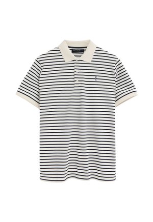 Polo bianca a maniche corte con strisce orizzontali nere, colletto e polsini beige, con piccolo logo di golfista ricamato sul petto.