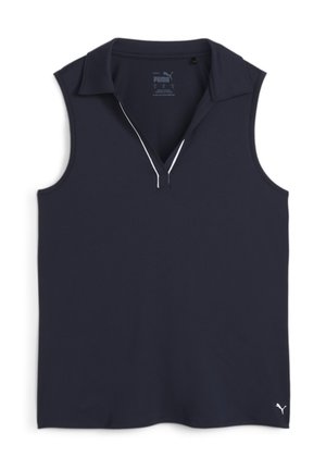 Polo sans manches bleu marine en tissu lisse, avec un col et des coutures blanches. Logo affiché à l'ourlet.