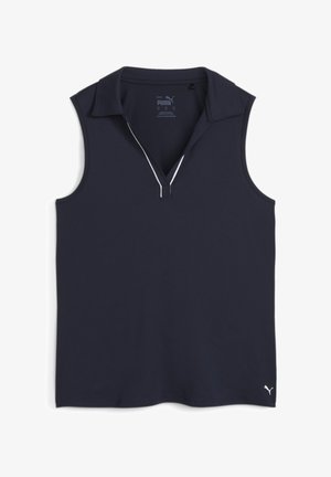Polo shirt senza maniche di colore navy realizzato in tessuto liscio, con collo a contrasto e cuciture bianche. Logo visibile sull'orlo.