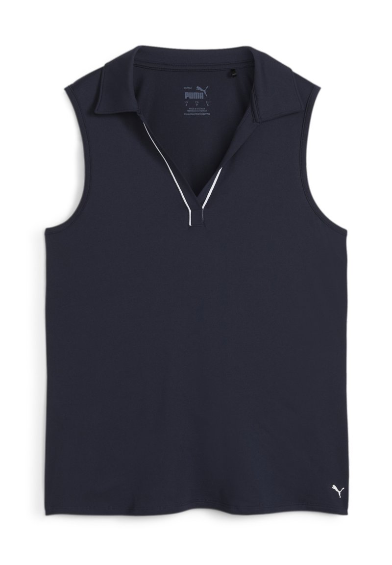 Polo sin mangas de color azul marino, confeccionado con una tela suave, que presenta un cuello con solapa y costuras de acento blancas. Logo visible en el dobladillo.