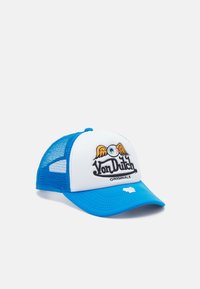 Sinine ja valge müts, millel on võrkmaterjalist tagaosa, ümar bill ning tikandiga "Von Dutch" logo, millel on tiivad ja silmade kujundus ees.
