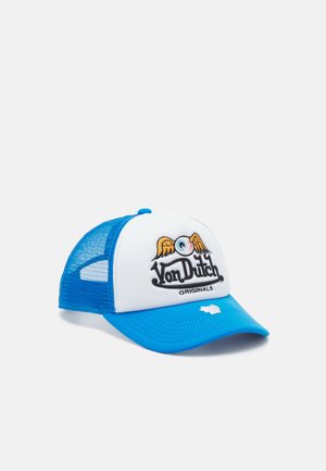 Blue and white cap with a mesh back, rounded bill, and embroidered "Von Dutch" logo featuring wings and an eye design on the front.