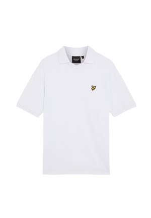 Polo blanco en algodón texturizado, con un logo de pájaro bordado amarillo en el lado izquierdo del pecho y un diseño de cuello clásico.