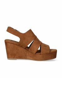 Sandali con zeppa in suede marrone, con punta aperta e fascette incrociate. Presentano un tacco robusto e una cinghia alla caviglia regolabile.
