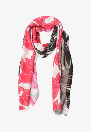 Let tørklæde med store røde og sorte blomsterprint på hvid baggrund, blødt draperet med frynser på kanterne.