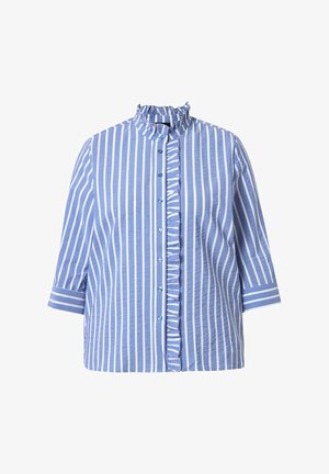 Blauw-wit verticale gestreepte blouse met geruchte kraag en knopenpad, driekwartmouwen met manchetdetails.
