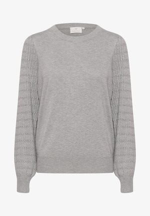 Pull gris avec un corps lisse et des manches côtelées texturées, col rond et poignets ajustés. Fabriqué en tissu doux pour le confort.
