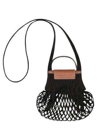 Black mesh handbag with a textured leather accent and handle, featuring a curved net design and adjustable strap for crossbody wear.