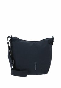 Borsa a tracolla blu scuro in tessuto strutturato, con chiusura a zip, tracolla regolabile e logo stampato come dettaglio. Design compatto ed elegante.