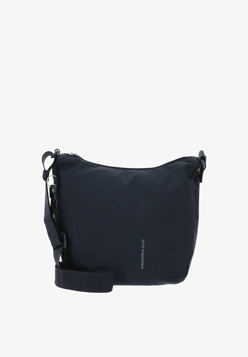 Borsa a tracolla blu scuro in tessuto strutturato, con chiusura a zip, tracolla regolabile e logo stampato come dettaglio. Design compatto ed elegante.