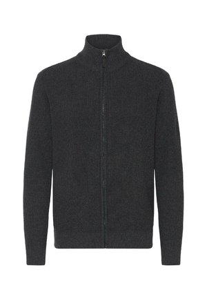 Charcoal gray zip-up sweater with a high collar, ribbed texture, and full front zipper. Features long sleeves and a fitted design.