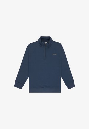 Tmavomodrý pulóver s dlhými rukávmi a golierom so zipsom do časti, s malým bielym logom "ELEMENT CO. SINCE 1992" na ľavej strane hrudníka.