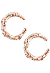 Hängande örhängen i roséguld med en vriden design och klara stenar längs kanten, slät yta och öppna ändar.