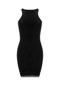 Robe noire sans manches en tissu côtelé, dotée d'accents réfléchissants et d'une silhouette ajustée, idéale pour diverses occasions.