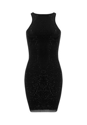 Zwarte mouwloze bodycon jurk van ribstof, met reflecterende accenten en een getailleerde silhouet, ideaal voor verschillende gelegenheden.