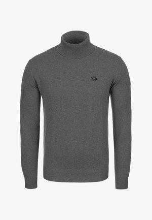 Tmavě šedý rolák s dlouhým rukávem a malým černým vyšitým logem na levé straně hrudi.