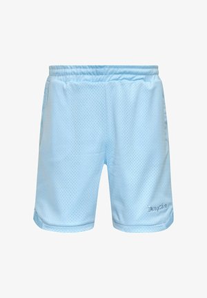 Shorts de sport bleu clair en tissu mesh respirant avec une taille élastique, featuring un petit logo brodé sur l'ourlet.