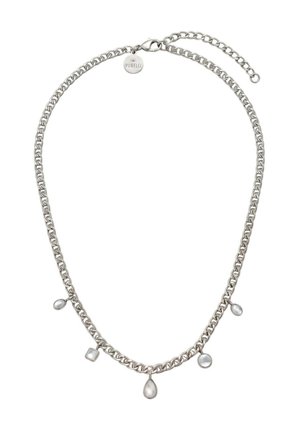 Silberkette mit fünf kleinen perlenförmigen und runden Charms, gleichmäßig entlang der Kette verteilt, mit Karabinerverschluss.