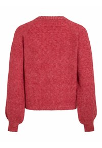 Punane soonikkoetud sviiter tekstuuriga mustriga, ümmarguse kaelusega ja puffsleeved. Ribadega mansetid ja alläär, lühike disain.