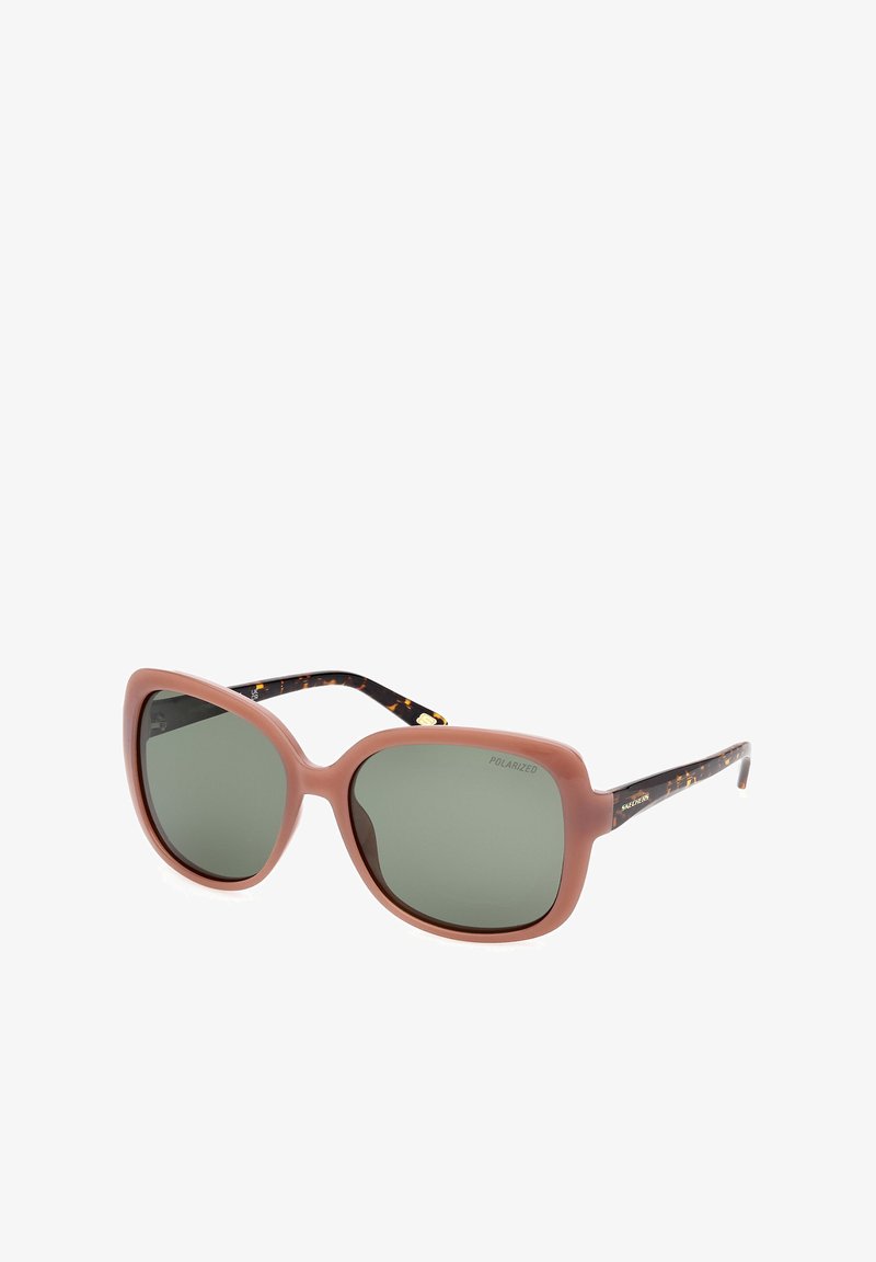 Brown plastic frame sunglasses with oversized green lenses. Arms feature a tortoiseshell pattern and gold accents. Polarized lenses included.