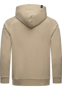 Felpa beige con una texture liscia e opaca, dotata di cappuccio, maniche lunghe e polsini a costine. Etichetta sul collo indica il marchio.