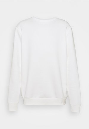 Biała bluza z okrągłym dekoltem, z długimi rękawami, z prążkowanymi mankietami i dołem. Gładka tekstura, prosty design, bez widocznych logo czy wzorów.