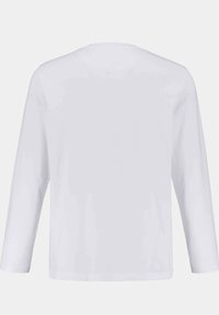 Weißes Langarm-T-Shirt aus glattem Baumwollstoff. Hat einen Rundhalsausschnitt, einen geraden Saum und keine sichtbaren Muster oder Logos.