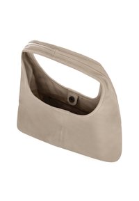 Beige læderhåndtaske med glat tekstur, blød form og bred åbning. Har et enkelt håndtag og en tryklås indeni.