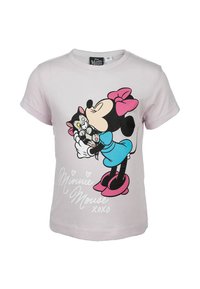 Light pink children's T-shirt with Minnie Mouse in blue dress and pink bow kissing a black and white cat, "Minnie Mouse xoxo" text below.