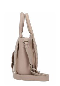 Roze leren handtas met een gequiltde structuur, dubbele handvaten, een verstelbare schouderband en gouden hardware. Rechthoekige vorm.