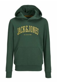 Grön huvtröja med känguruficka. Har gult tryck "JACK&JONES intl. sedan 1990" i en båge, ribbade muddar och nederkant.