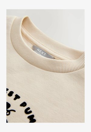 Bladoróżowy sweatshirt z prążkowanym dekoltem, z czarnym haftowanym napisem. Gładka tekstura z casualowym wzornictwem. Etykieta widoczna wewnątrz.