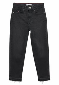 Svarta denimjeans med rak passform, med en fransad nederkant, klassisk femficksdesign och en röd och vit logotagg på midjebandet.