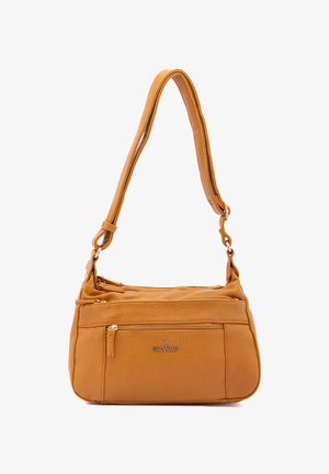 Borsa a spalla gialla in pelle con tracolla regolabile, multiple tasche con zip e superficie testurizzata. Caratterizzata da un dettaglio con logo sul davanti.