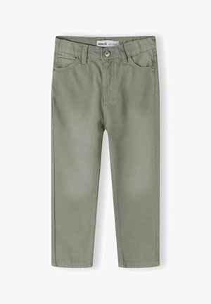 Zöld pamut keverék gyermeknadrág, öt zsebbel, elöl gombos záródással és egyenes lábakkal. Texturált anyagból készült.