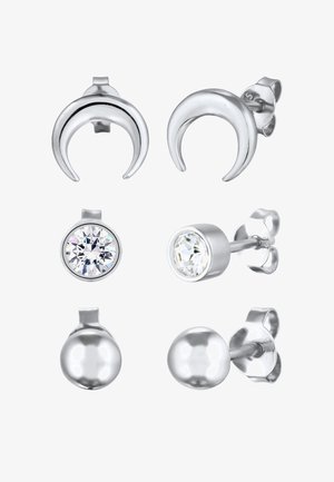 Silberohrringe-Set mit zwei Halbmondformen, zwei runden klaren Kristallsteckern und zwei polierten Silberkugeln, alle mit Butterfly-Verschlüssen.