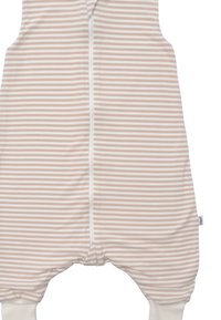 Helles pink- und weiß gestreiftes Babyschlafsack mit durchgehendem Reißverschluss und Druckknöpfen am Boden. Weicher Stoff mit Stretch für zusätzlichen Komfort.