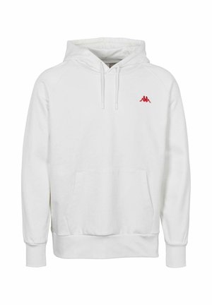 Valkoinen huppari pehmeästä kankaasta, jossa on kengurutasku ja punainen logo rinnassa. Resorit hihansuissa ja helmassa.