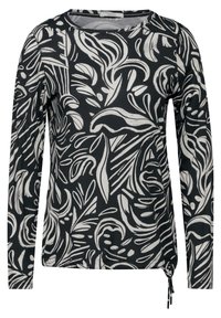 Langärmliges Oberteil in Schwarz mit weißem abstrakt floralem Muster, runder Ausschnitt und verstellbarem Seitenschnürdetail. Weicher, leichter Stoff.