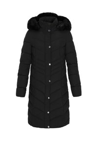 Sort polstret parka med en faux fur hætte, der har en høj krave, trykknapper og diagonalt quiltet mønster. Lange ærmer og knælangt design.