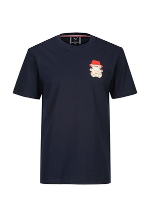 Donkerblauw T-shirt met korte mouwen en een kleine teddybeer met een rode hoed op de linkerborst gedrukt.