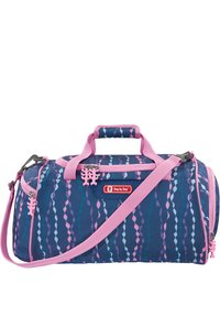 Duffle bag in navy blue with pink and light blue wavy patterns. Features dual handles, a detachable shoulder strap, and "Step by Step" label.