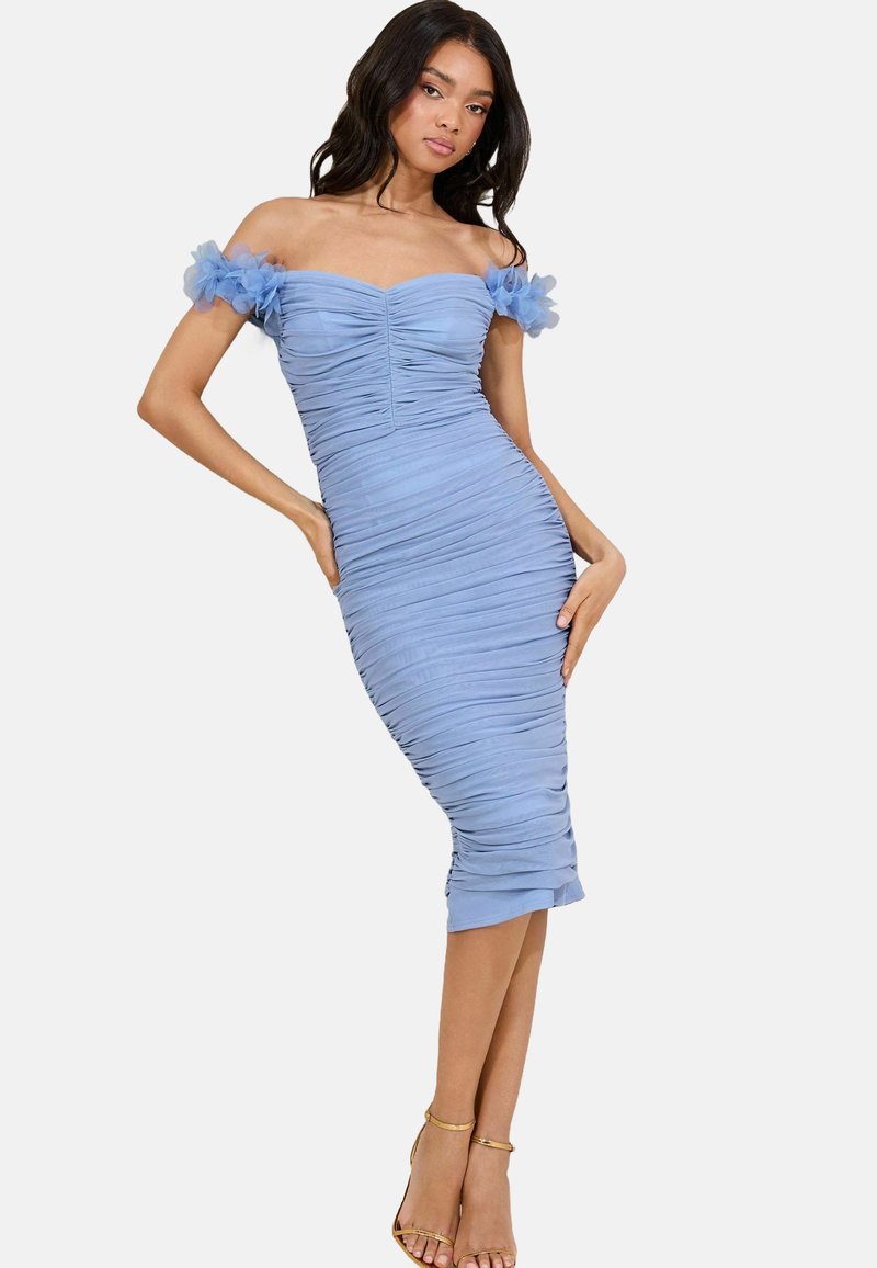 lipsy ruffle bardot bodycon dress 90s Sheer Black Crochet Bodycon Midi Dress